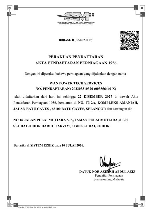 Sijil pendaftaran perniagaan SSM Wan Power Tech Services
